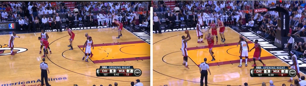 Bosh initiates the high screen out of Horns.  Receives the open elbow jumper.
