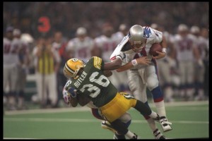 26 Jan 1997:  Quarterback Drew Bledsoe #11 of the New England Patriots is sacked by defensive back Leroy Butler #36 of the Green Bay Packers during the second quarter of Super Bowl XXXI at the Louisiana Superdome in New Orleans, Louisiana. Mandatory Credi
