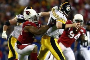 TAMPA, FL - FEBRUARY 01:  Darnell Dockett #90 of the Arizona Cardinals sacks quarterback Ben Roethlisberger #7 of the Pittsburgh Steelers during the fourth quarter of Super Bowl XLIII on February 1, 2009 at Raymond James Stadium in Tampa, Florida.  (Photo by Chris McGrath/Getty Images)