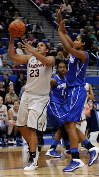 Connecticut Huskies forward Kaleena Mosqueda-Lewis (23) goes up for a shot against Memphis during the second half at the XL Center in Hartford, CT.