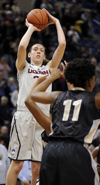 Connecticut Huskies forward Breanna Stewart (30) reached her 1000th point on her first shot of the night against the University of Central Florida at the XL Center Wednesday night in Hartford. 