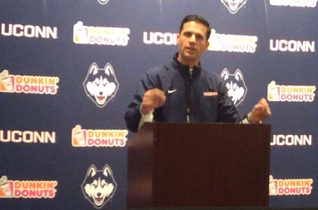 UConn Huskies football coach Bob Diaco speaks after his holding his first practice as head coach on March 10, 2014