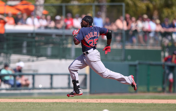 Jackie Bradley Jr. #25 of the Boston Red Sox runs to third base for a triple during the seventh inning of the game against the Baltimore Orioles at Ed Smith Stadium on March 11, 2014 in Sarasota, Florida. 