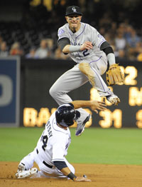  Troy Tulowitzki #2 of the Colorado Rockies jumps over Mark Kotsay #14 of the San Diego Padres as he turns a double play during the fifth inning of a baseball game at Petco Park on September 6, 2013 in San Diego, California. 