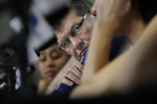  UConn coach Geno Auriemma listens as guard Bria Hartley answers a question at a press conference during the NCAA Tournament at the Pinnacle Bank Arena Sunday. 