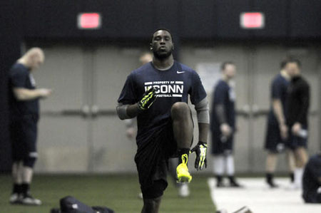 Former UConn linebacker Yawin Smallwood gets set to work out for NFL scouts at the Burton Family Football Complex and the Shenkman Training Center on the UConn campus