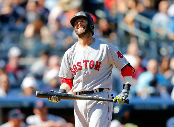  Dustin Pedroia #15 of the Boston Red Sox reacts to a strike during his seventh inning at bat against the New York Yankees at Yankee Stadium on April 12, 2014 in the Bronx borough of New York City. 
