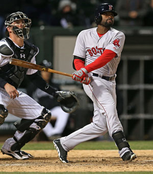 Jackie Bradley Jr. #25 of the Boston Red Sox gets the game-winning hit, a two run double in the 14th inning, against the Chicago Whtie Sox at U.S. Cellular Field on April 16, 2014 in Chicago, Illinois. 