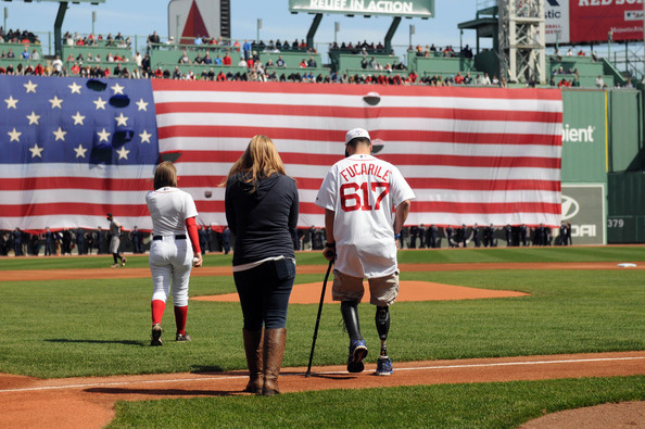  Marc Fucarile, injured in last years Boston Marathon bombings, prepares to throw out the first pitch prior to the Boston Red Sox/ Baltimore Orioles game at Fenway Park April 21, 2014 in Boston, Massachusetts. 