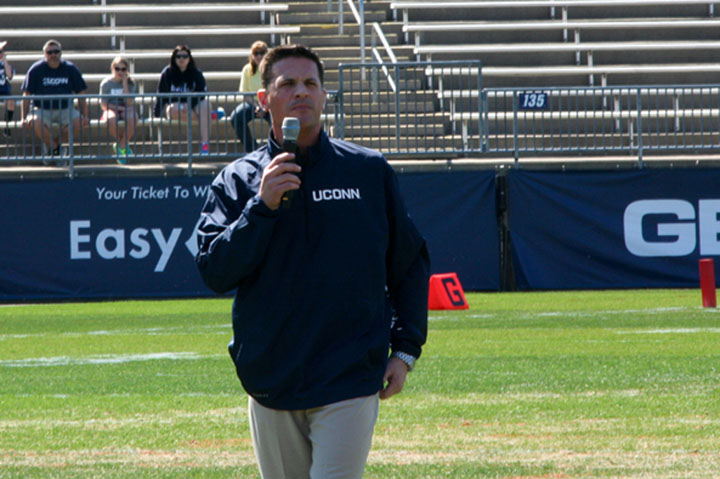 UConn Huskies football coach Bob Diaco addresses the crowd before the 2014 Blue/White Spring Game at Rentschler Field in East Hartford, CT.