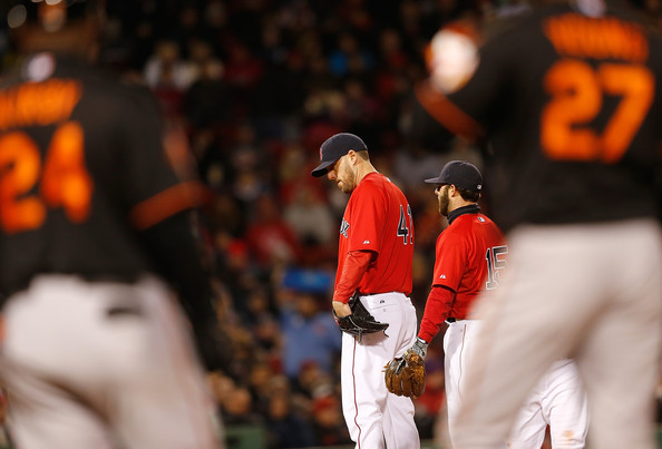  John Lackey #41 of the Boston Red Sox waits to be removed in the sixth inning against the Baltimore Orioles at Fenway Park on April 18, 2014 in Boston, Massachusetts. 