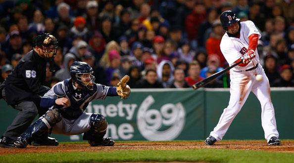  Shane Victorino #18 of the Boston Red Sox hits an RBI double in the sixth inning against the Tampa Bay Rays during the game at Fenway Park on April 29, 2014 in Boston, Massachusetts. 