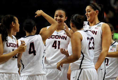  UConn center Kiah Stokes (41) came off the bench and finished with nine points and four rebounds to help UConn defeat Stanford, 75-56. 