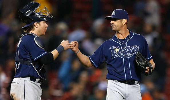  Grant Balfour #50 and Ryan Hanigan #24 of the Tampa Bay Rays celebrate a win against the Boston Red Sox, 6-5, in game two of a doubleheader at Fenway Park May 1, 2014 in Boston, Massachusetts. 