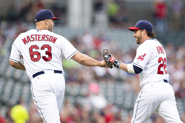  Starting pitcher Justin Masterson #63 celebrates with second baseman Jason Kipnis #22 of the Cleveland Indians after the second inning against the Boston Red Sox at Progressive Field on June 2, 2014 in Cleveland, Ohio. 