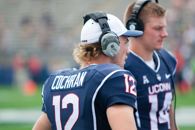 UConn QBs #12 Casey Cochran and #14 Tim Boyle look on during the second quarter against the Stony Brook Seawolves at Rentschler Field in East Hartford, CT on September 6, 2014.