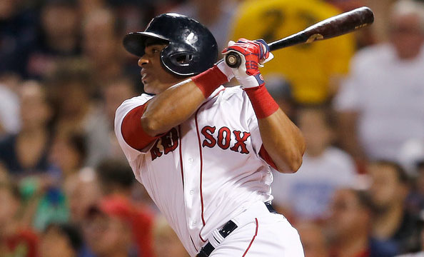  Yoenis Cespedes #52 of the Boston Red Sox doubles in a run in the third inning against the Toronto Blue Jays at Fenway Park on September 6, 2014 in Boston, Massachusetts. 