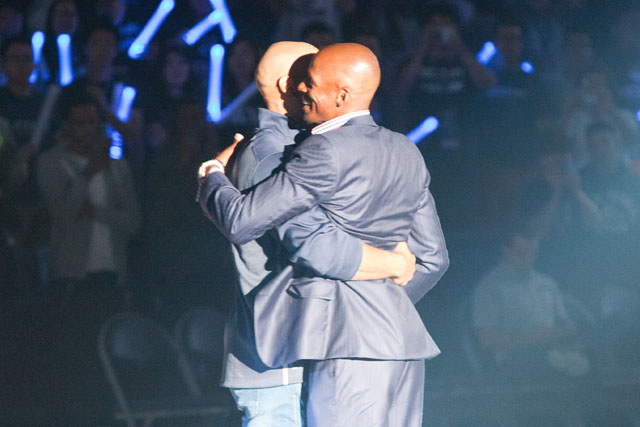 Former UConn great Ray Allen gives his former teammate Donny Marshall a hug at the 2014 UConn Basketball First Night festivities on October 17, 2014 at Gampel Pavilion in Storrs, CT.