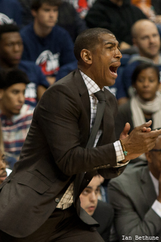 UConn head coach Kevin Ollie yells at his team during the first half against the Texas Longhorns at Gampel Pavilion on November 30, 2014.