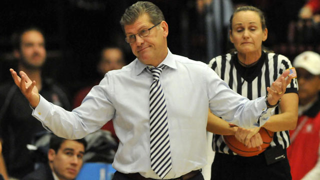 UConn head coach Geno Auriemma gestures to the bench at Roscoe Maples Pavilion Monday night.