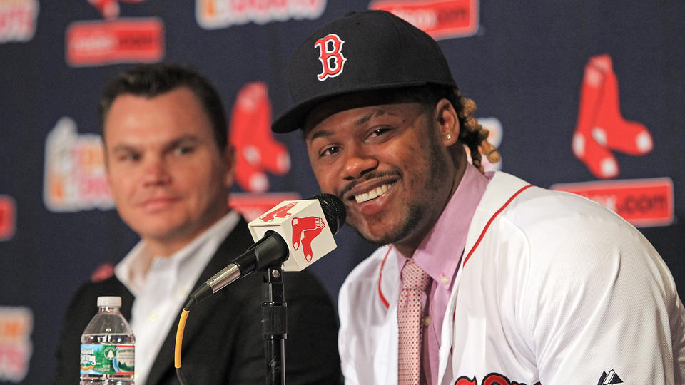 A happy Hanley Ramirez answers a question yesterday during his press conference at Fenway Park.