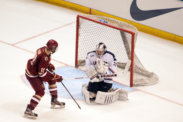 UConn G #31 Rob Nichols makes one of his 35 saves in the 1-0 win over the Boston College Eagles at the XL Center in Hartford,  CT on November 5, 2014