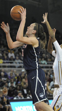UConn Huskies forward Breanna Stewart (30) shoots for two of her 18 points against East Carolina Lady Pirates guard Jasmine Phillips (22) in first half action at the Williams Arena at East Carolina University Wednesday.