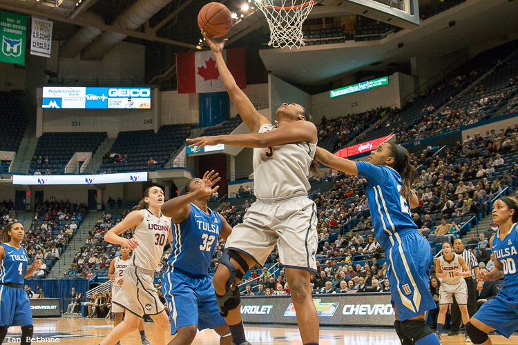 UConn F Morgan Tuck (3) puts in two of her 21 points against Tulsa in the first half at the XL Center in Hartford, CT.