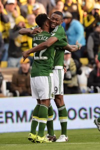 COLUMBUS, OH - DECEMBER 6: Rodney Wallace #22 of the Portland Timbers and Fanendo Adi #9 of the Portland Timbers celebrate a goal against the Columbus Crew SC on December 6, 2015 at MAPFRE Stadium in Columbus, Ohio. Portland defeated Columbus 2-1 to take the MLS Cup title. (Photo by Jamie Sabau/Getty Images)