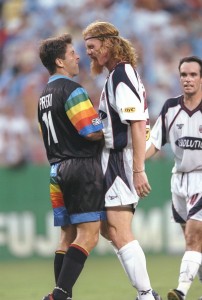 26 Jul 1997: Preki of the Kansas City Wizards (left) and Alexi Lalas of the New England Revolution argue during a game at Arrowhead Stadium in Kansas City, Missouri. The Wizards won the game, 1-0.
