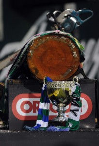 PORTLAND, OR - OCTOBER 27: The 'Cascadia Cup' is shown on the field during the second half of the game at Jeld-Wen Field on October 27, 2012 in Portland, Oregon.The game ended in a 1-1 draw.(Photo by Steve Dykes/Getty Images)