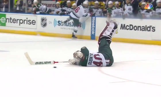 Video: Devan Dubnyk dives to make a save while leaving the net